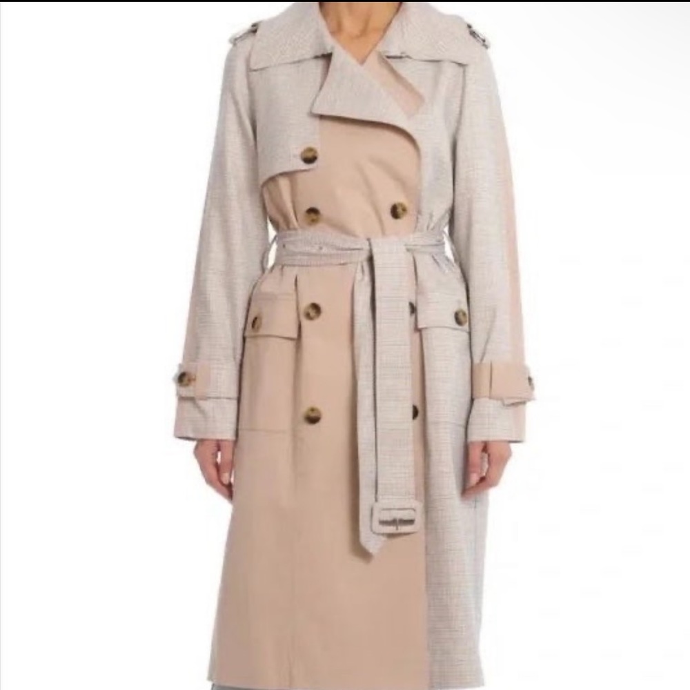 Avec Les Filles Plaid Classic Belted Trench Coat Khaki/Blue Women's Large NWT